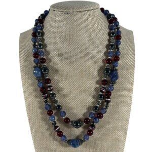 Double Strand Beaded Necklace Blue Red Silver Tone Spacers Layered Adjustable